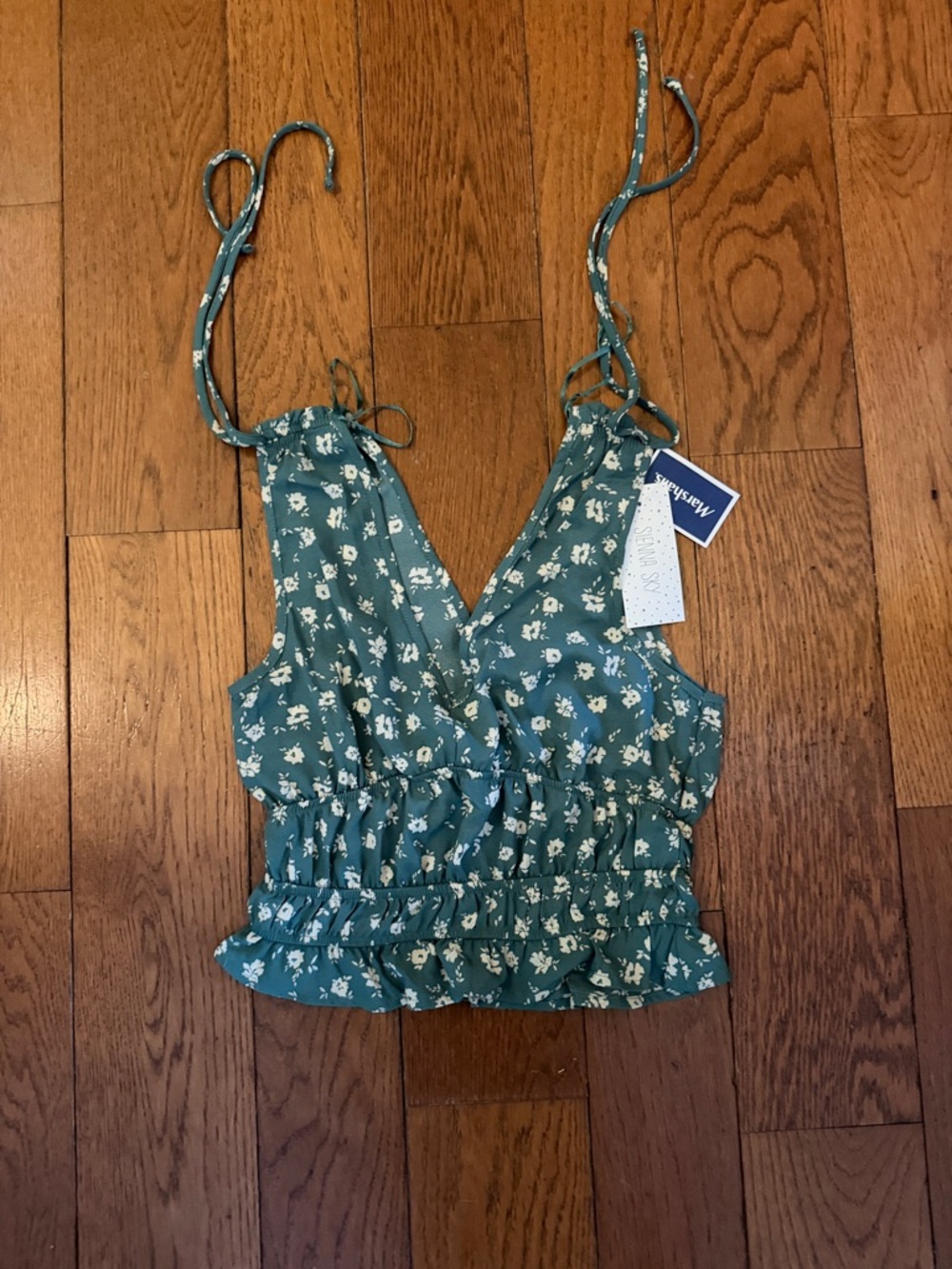 Sienna Sky Teal Green Floral V-Neck Tie-Shoulder Smocked Crop Top